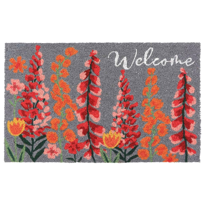 Floral Welcome Door mat - Heavy-Duty Coir and Rubber Mat, 30" x 18" - 30 L X 18 W x 6/8 H - Grey / Pink / Orange