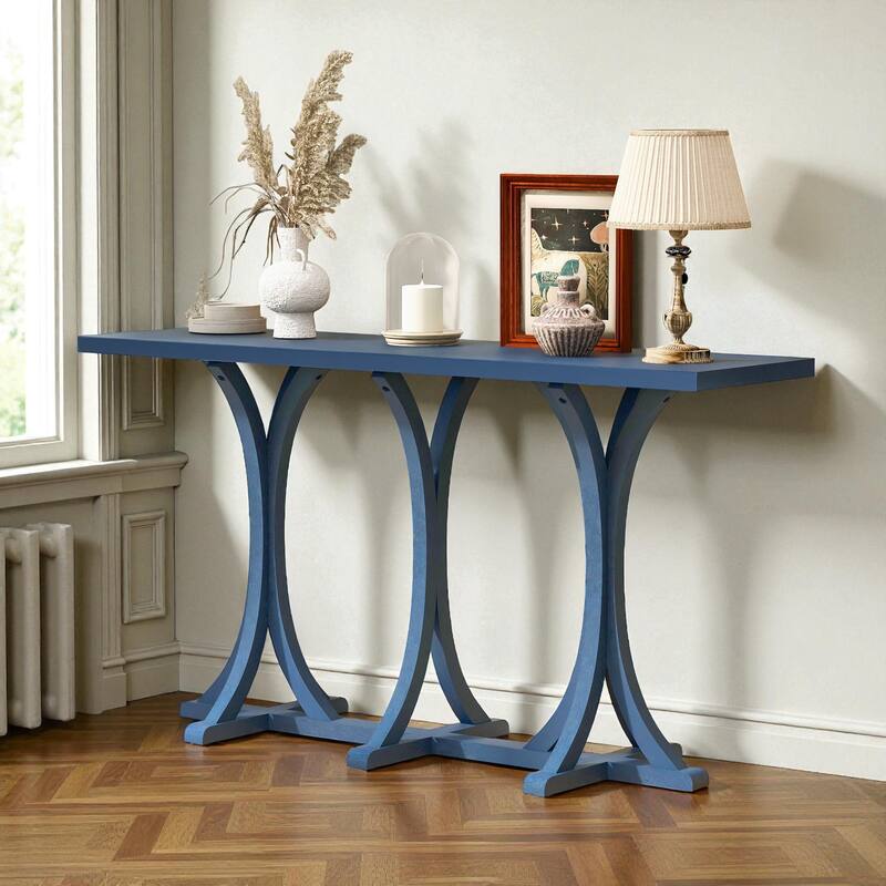 59.8'' Farmhouse Wooden Console Table with Oak Veneer Top, Curved Rubber Wood Legs, Entryway Sofa Table for Living Room