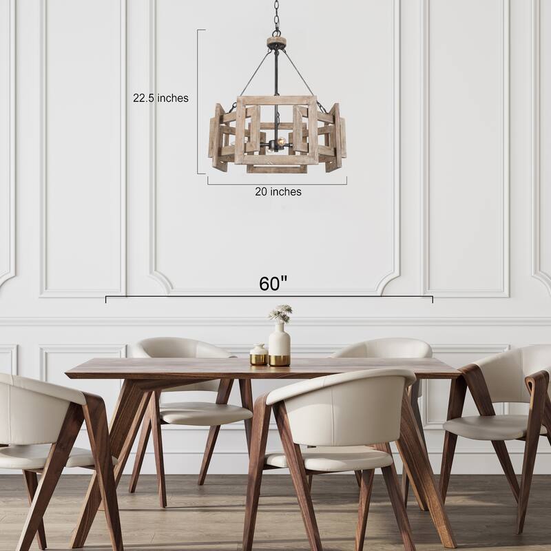 Rustic Farmhouse 4-light Solid Wood Drum Cage Chandelier Kitchen Dining Room Foyer Lighting - 20" D x 22.5" H