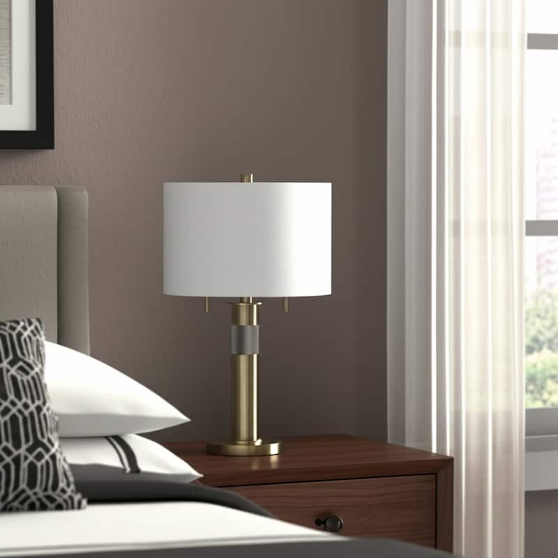 Metal Fabric Table Lamp Drum Shade Modern Glam Living Room - 27" Gold - 15" x 15" x 25"