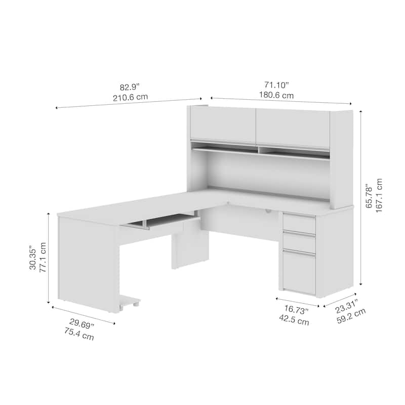 Bestar Connexion 72W L-Shaped Desk with Hutch and Pedestal