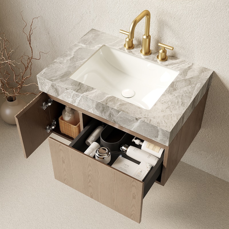 30" Floating Bathroom Vanity with Sintered Stone Top & Ceramic Basin, Plywood Cabinet with Drawer & Door