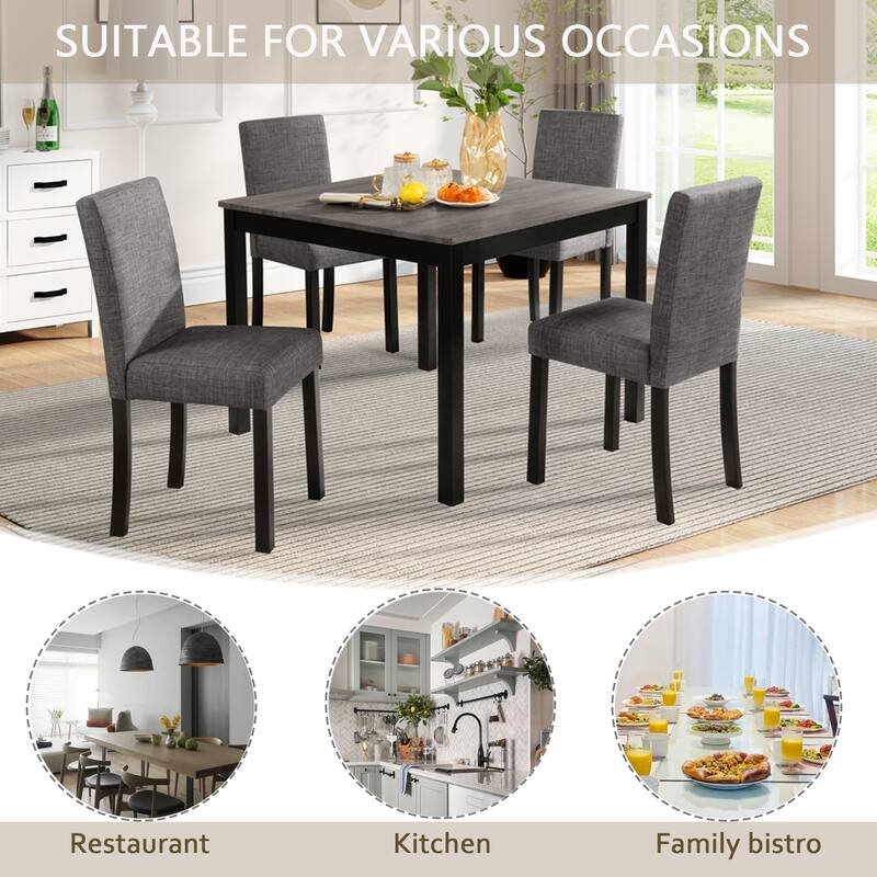 5 Piece Dining Table and Chair Set, Wooden Kitchen Furniture Set with Square Dining Table and 4 Upholstered Chairs