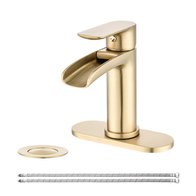 Waterfall Bathroom Faucet Single Handle Bathroom Sink Faucets 1 or 3 Hole with Deck Plate & Overflow Pop Up Drain - Brushed Gold