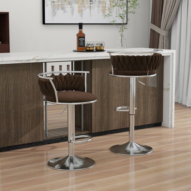 2 Set Velvet Swivel Adjustable Bar Stools with Footrest - Set of 2 - Coffee Silver 2Set