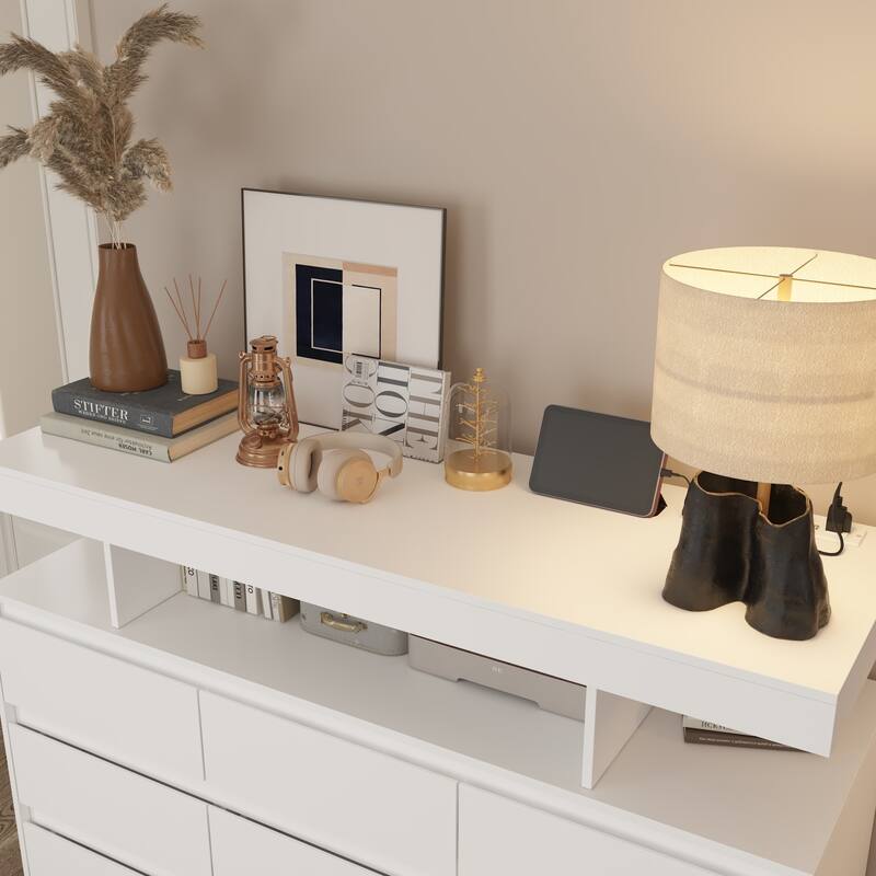 Modern 9-Drawer Dresser with RGB LED Lights and Built-in Power Strip - White Storage Chest