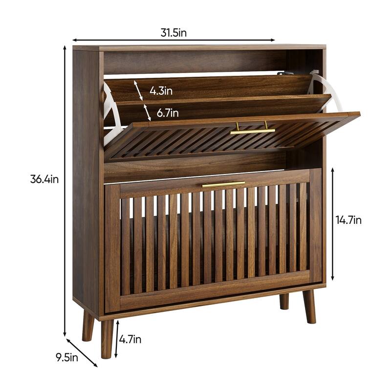 31.5" Walnut Shoe Cabinet with 2 Flip Drawers, Mid-Century Modern Freestanding Shoe Storage Organizer for Entryway or Hallway
