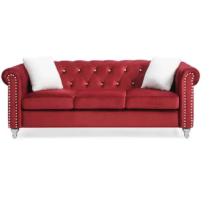 Tufted Faux Jewel Velvet 3-Seater Sofa with Throw Pillows - 83" - Burgundy