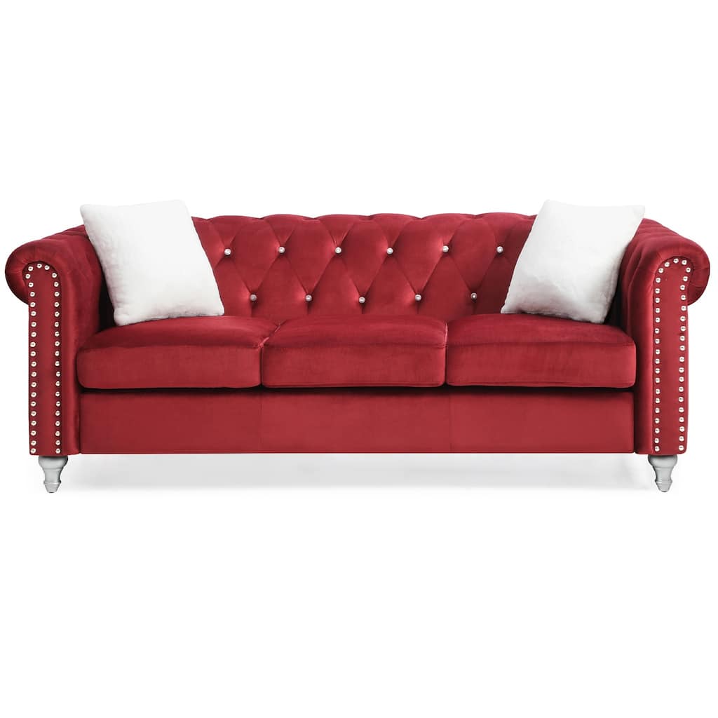 Tufted Faux Jewel Velvet 3-Seater Sofa with Throw Pillows - 83" - Burgundy