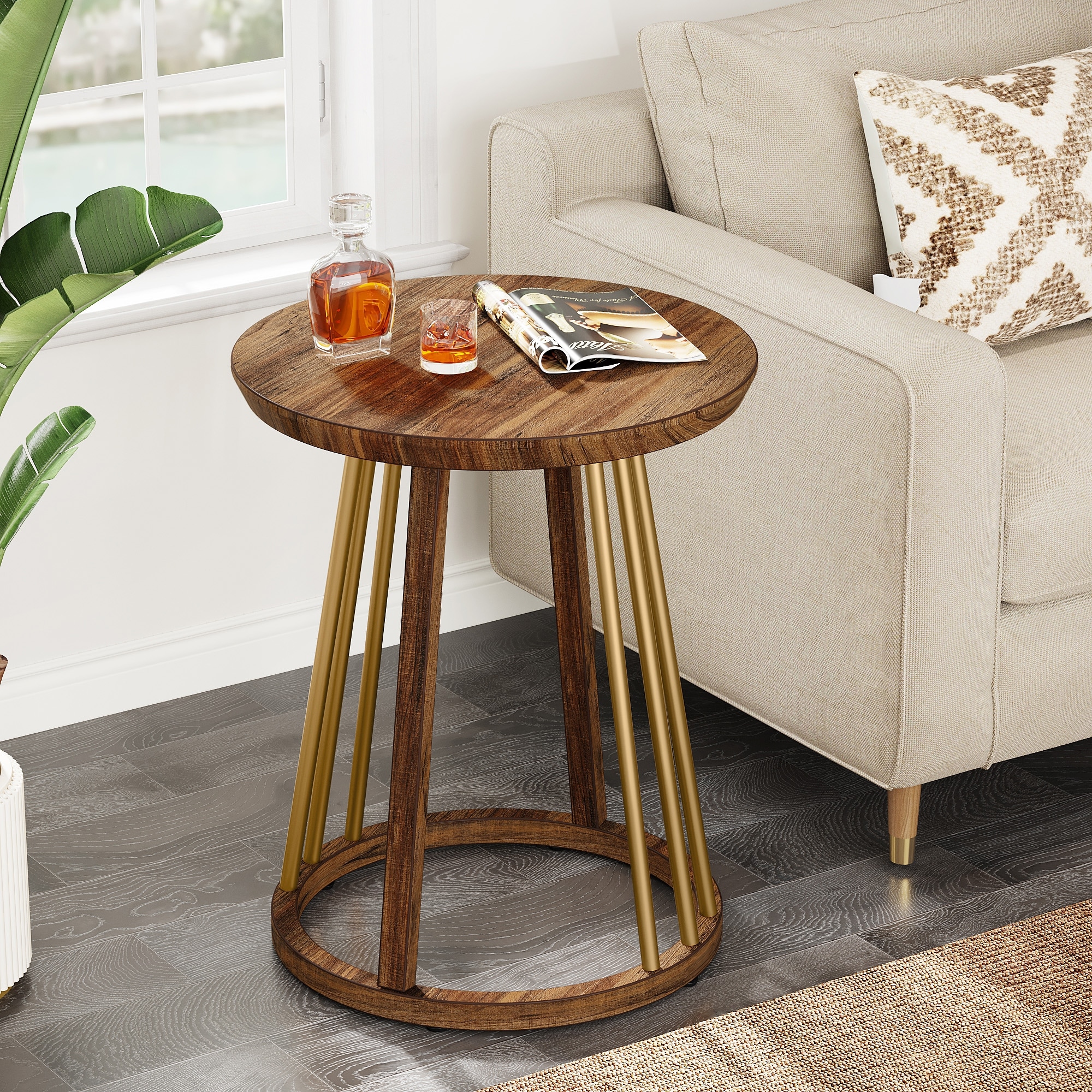 Round End Side Table with Gold Frame Living Room Accent Tables Simple Bedside Table
