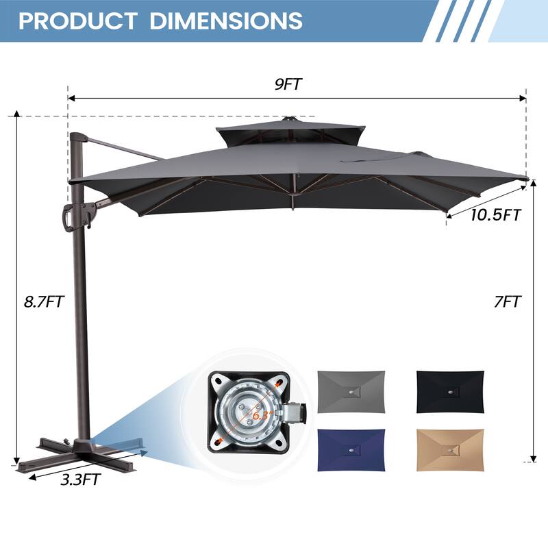 Double top 10.5 ft. x 9 ft. Heavy-Duty 360-Degree Rotation Cantilever Patio Umbrella