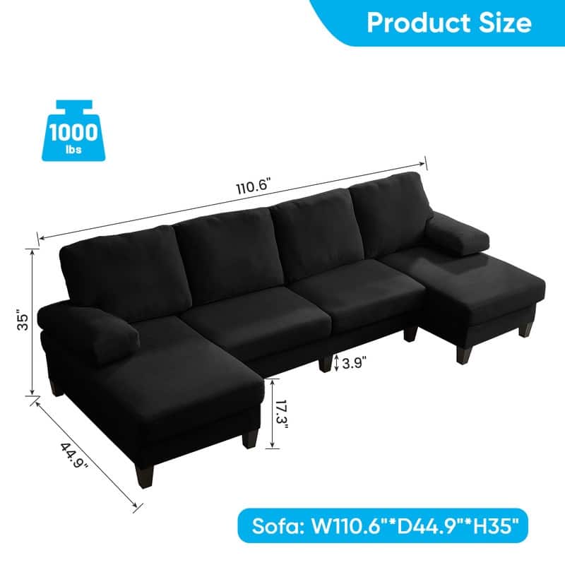Mixoy W110"Velvet U-Shaped Sectional Sofa Couches,Upholstered 4-Seater Sofa with Double Chaises and Sleepable Armrest