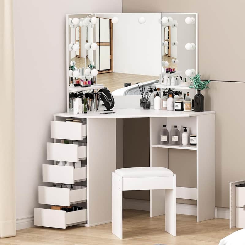 Corner Makeup Vanity Desk with Mirror and Lights - White
