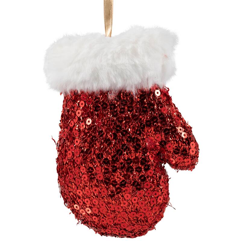 Sequined Winter Mitten with Plush Trim Christmas Ornament - 6" - Red