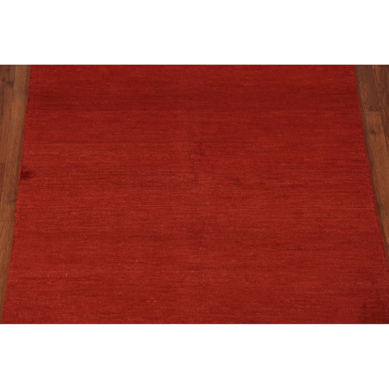 Gabbeh Modern Rug Hand-Knotted Red Solid Wool Carpet - 3'4" x 5'0"