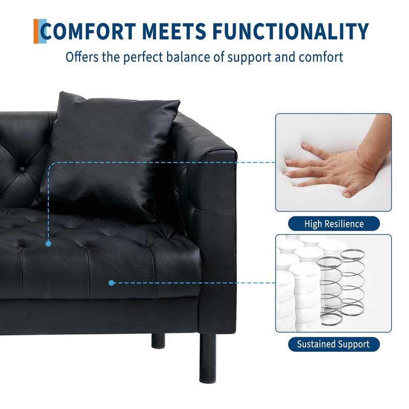 78" Leather Couch, Handmade Button Tufted 3 Seater Sofa, Chesterfield Sofa with Deep Seat and 2 Pillows, Leather Sofa