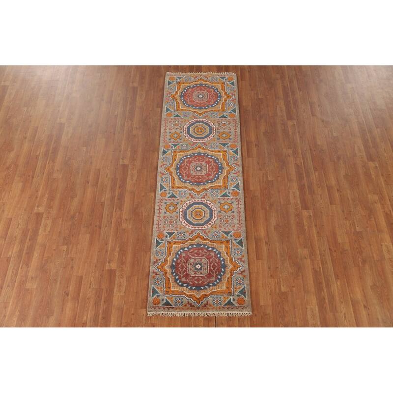 Geometric Kazak Runner Rug Handmade Wool Carpet - 2'6" x 8'2"