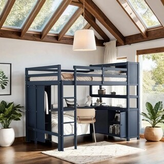 Wood Loft Bed with Cabinet and Bookshelf, Full Size Loft with Wardrobe and Desk for Kids