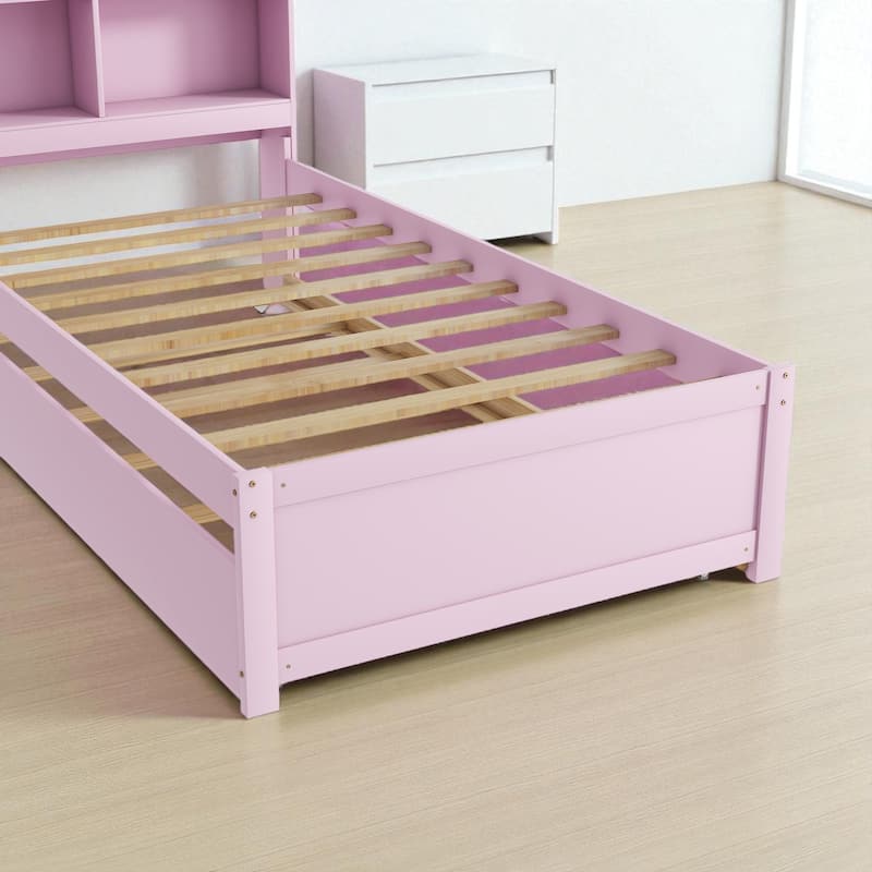 Twin/Full Bed Frame with Pull-Out Trundle and Bookcase Headboard, No Box Spring Needed