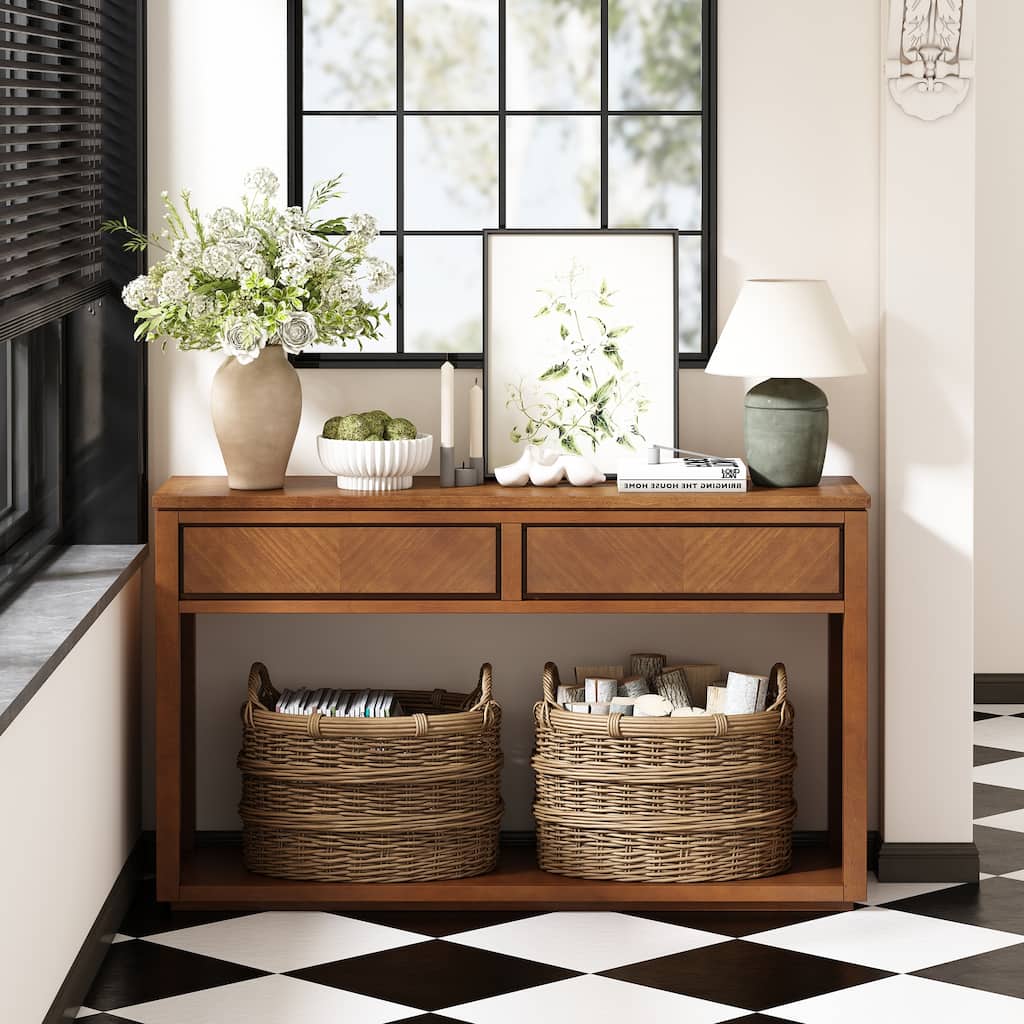 Rustic Wooden Console Table with Drawers and Shelf