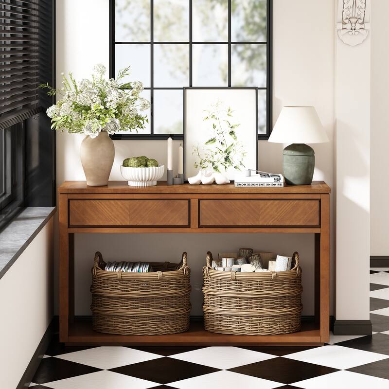 Rustic Wooden Console Table with Drawers and Shelf