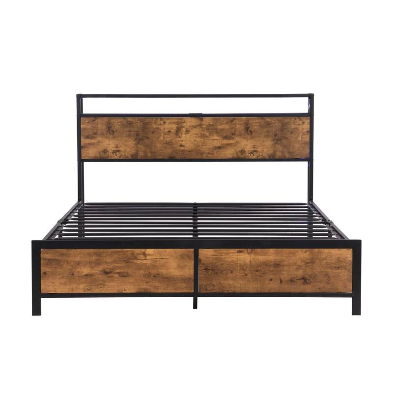 Noise Free Metal/Wood Platform Bed Frame with 2 USB Ports, Modern Industrial LED Lights Headboard Bed Frame with Shelf