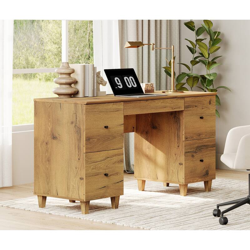 WAMPAT Executive Desk with 5 Drawers, 58 Inch Wide for Home Office - Oak Brown