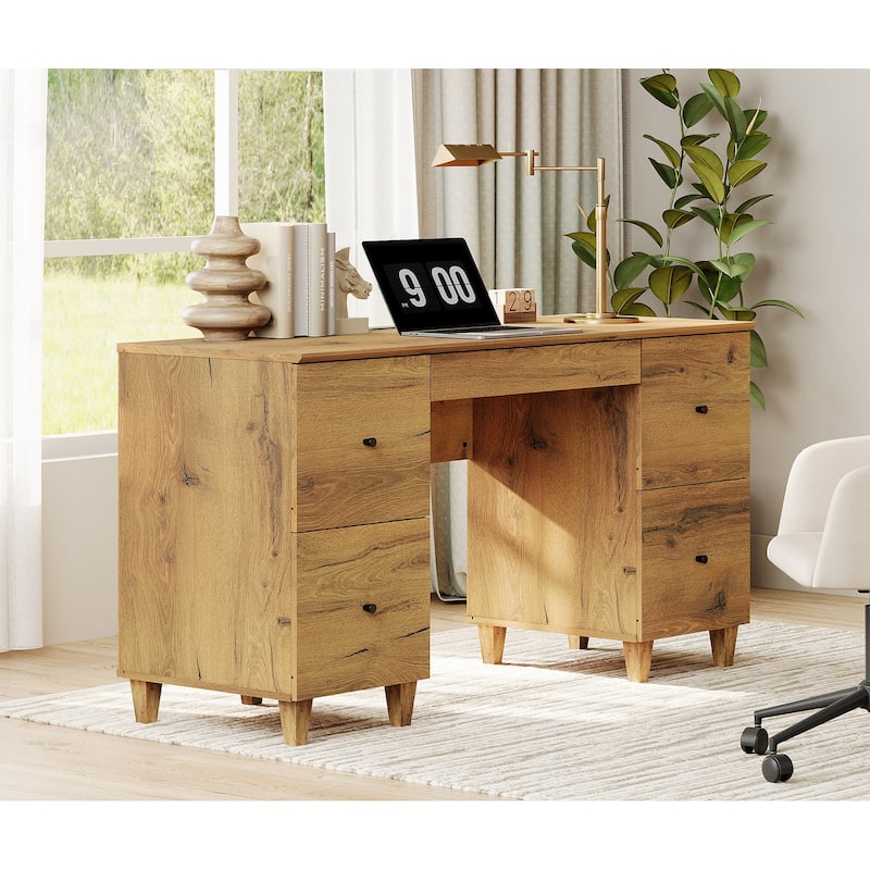 WAMPAT Executive Desk with 5 Drawers, 58 Inch Wide for Home Office - Oak Brown