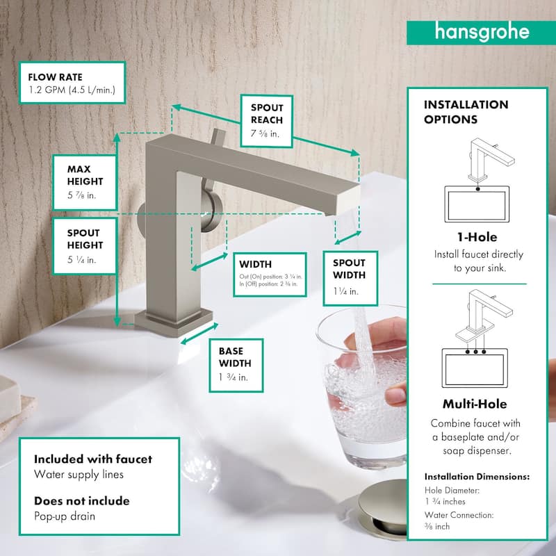 Hansgrohe 73021 Tecturis E 1.2 GPM Single Hole Bathroom Faucet with