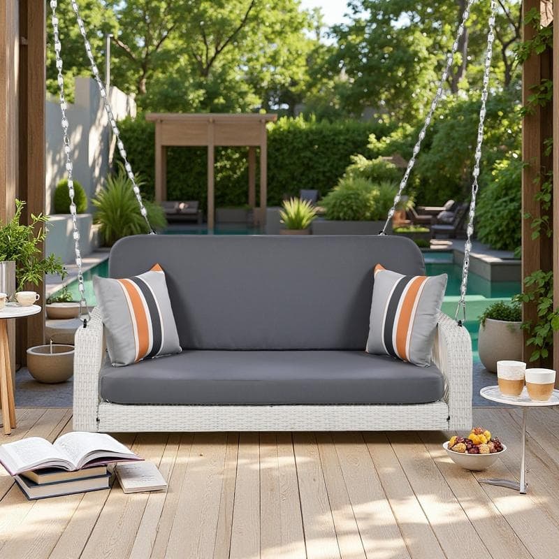 PE Wicker Porch Swing with 2-Seater , Includes Cushions and Pillows - Grey+White