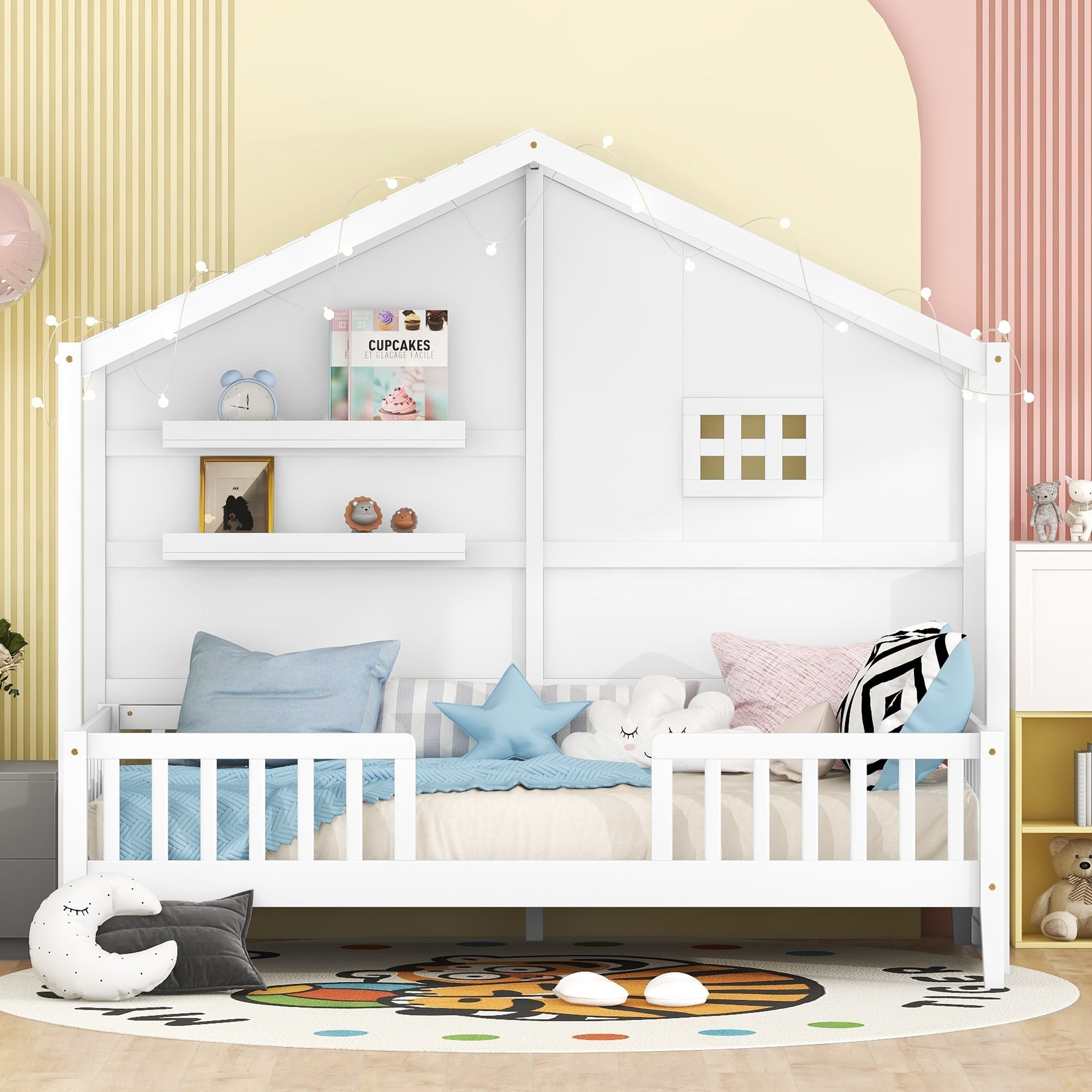 Twin House Bed with Shelves for Kids Girls Boys Solid Wood