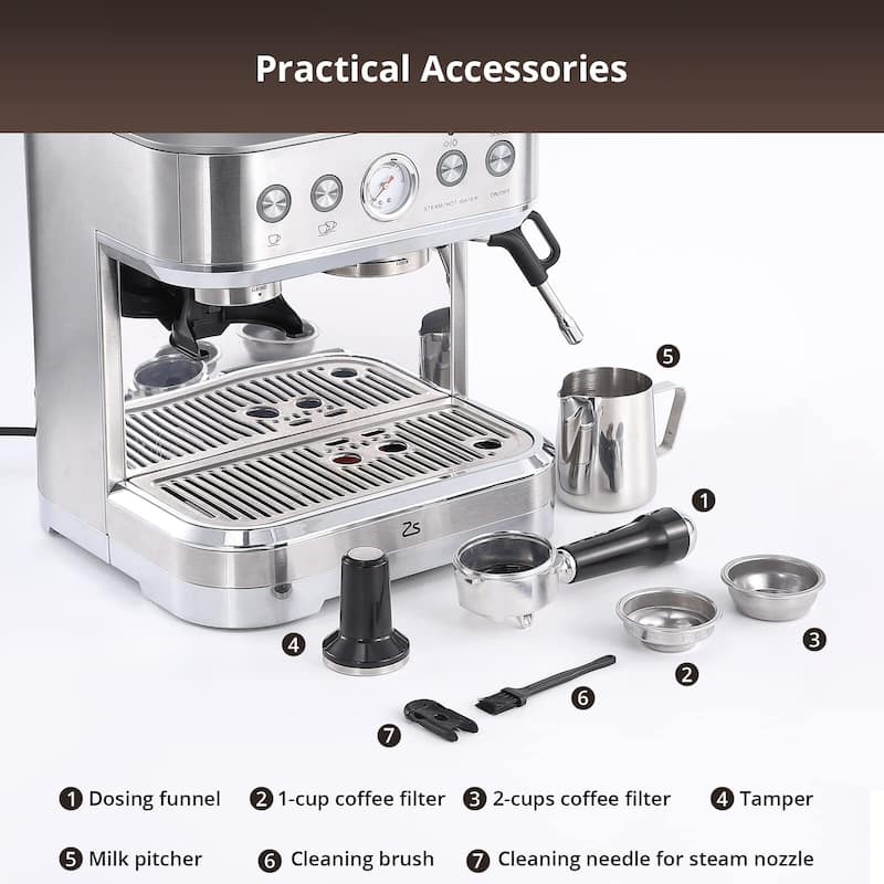 Espresso Machine with Grinder and Milk Frother, 15 Bar Pump Cappuccino Latte Machine with Burr Conical Grinder