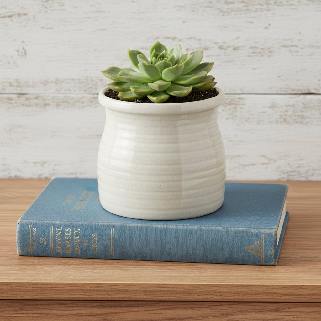 HomeRoots White Ceramic 25 Ounce Striped Round Distressed Pot Planter - 5.00 in. x 4.75 in. x 5.00 in.