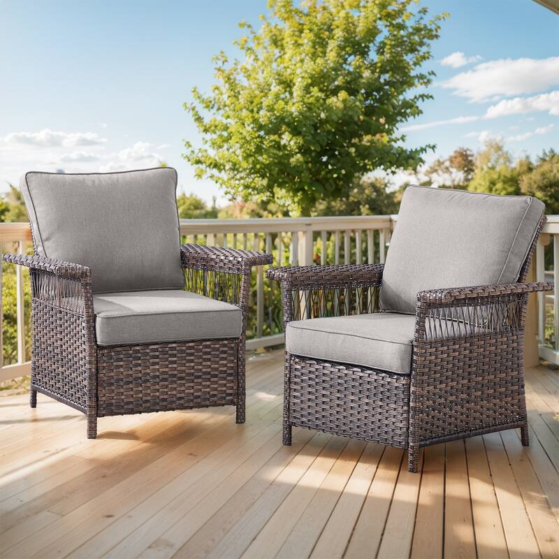 Pocassy Outdoor Swivel Chairs with Sofa Chair Ottoman and Table Set - Brown Wicker Gray Cushion - 2-Piece Patio Chair