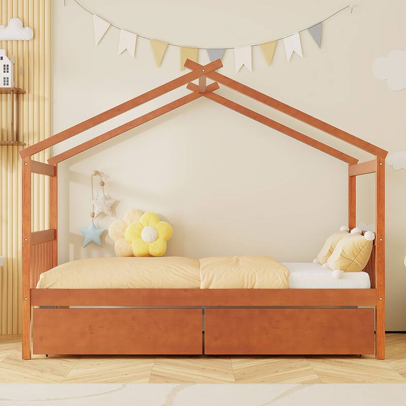 Twin Size Kids House Bed with Storage Drawers by Harper&Bright Designs - Walnut