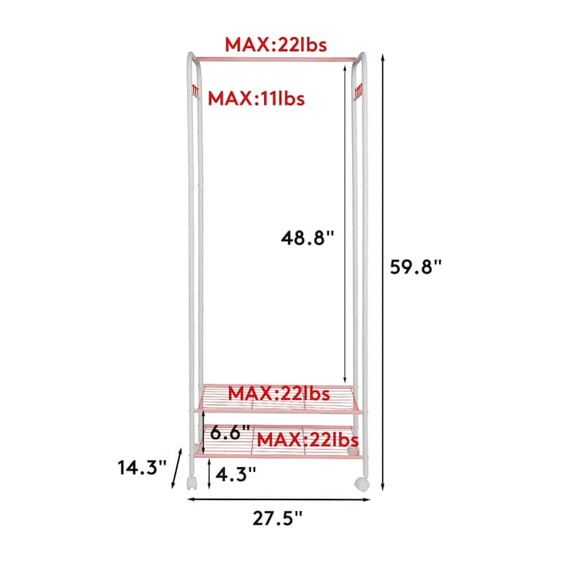 Rolling Clothing Rack Metal Clothes Rack Garment Shelf Freestanding - 27.5x14.3x59.8 inch