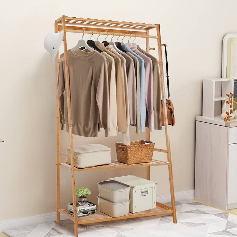 Bamboo Garment Coat Clothes Hanging Heavy Duty Rack with Top Shelf - 31 in. x 65 in.x 17 in.