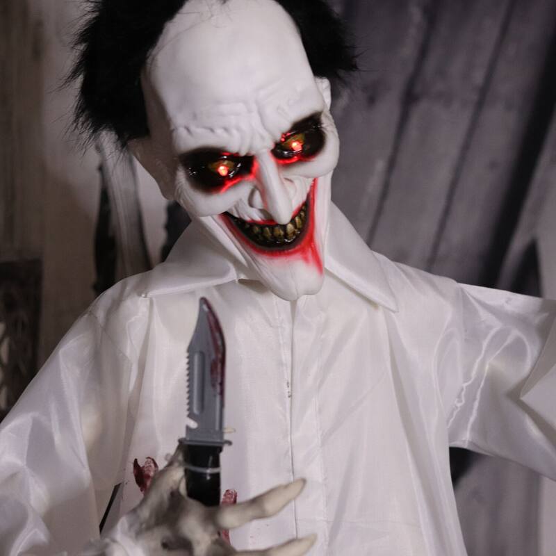 Haunted Hill Farm 5.75-Ft. Animatronic Doctor, Indoor/Covered Outdoor Halloween Decoration, Red LED Eyes, Laughing, Snips