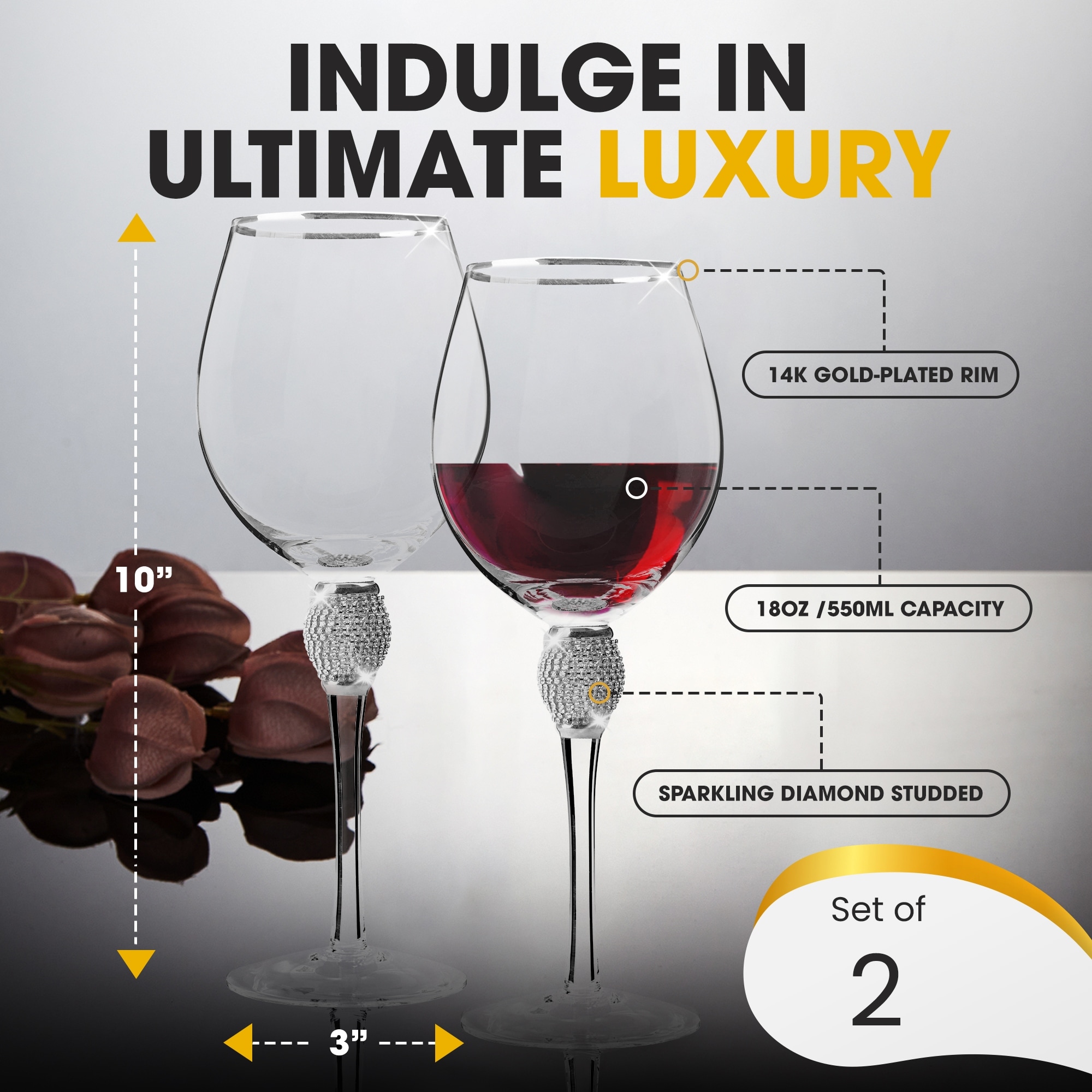 Berkware Crystal Wine Glasses - Elegant Gold Tone Studded Long Stem Red Wine Glasses Set of 2