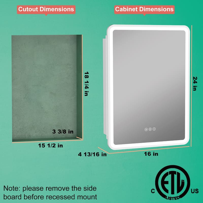 Milo LED Iron Medicine Cabinet with Mirror, Dimmable, Anti-fog, Adjustable Glass Shelves, Recessed or Surface Mount