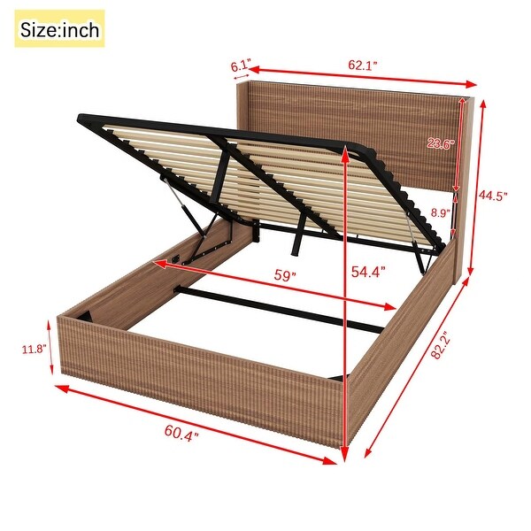 Queen Size Gas Lift Storage Bed with Wooden Headboard Ample Storage Space and No Box Spring Needed Natural Wood