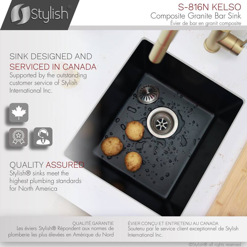 STYLISH 15.5 inches L x 17.5 inches W Dual Mount Single Bowl Composite Granite Kitchen Sink with Strainer - 15.5" x 17.5" x 8.5"