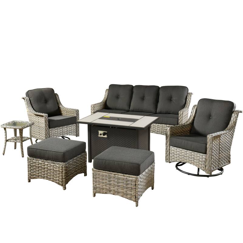XIZZI 7-piece Patio Wicker Furniture High Back Chair Set with Firepit Table