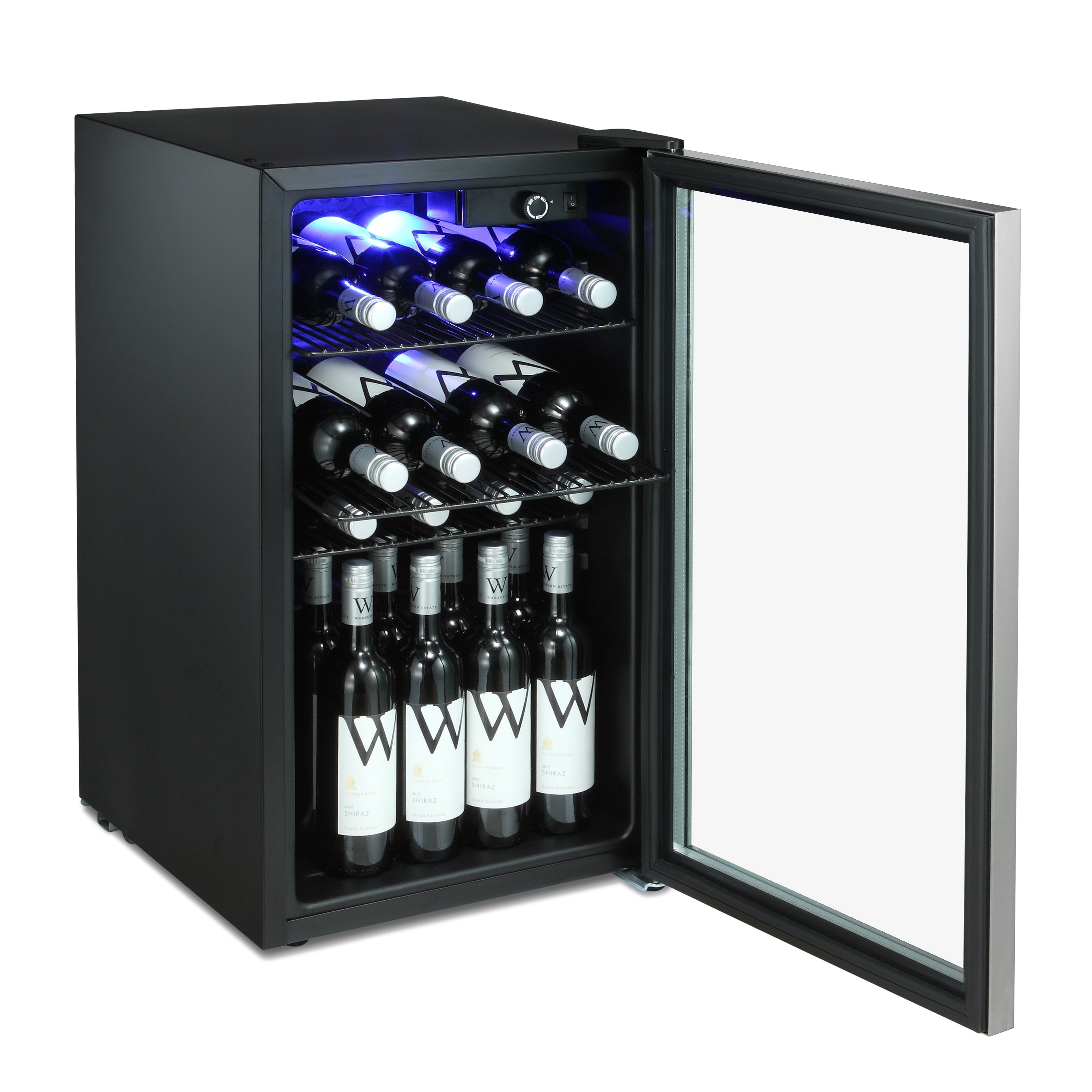 Office or Bar soda or Wine 90 Can or 26 Bottles Mini Fridge freestanding for Home Drink Freezer for Party OKADA Beverage Refrigerator or Wine Cooler with Glass Door for Beer