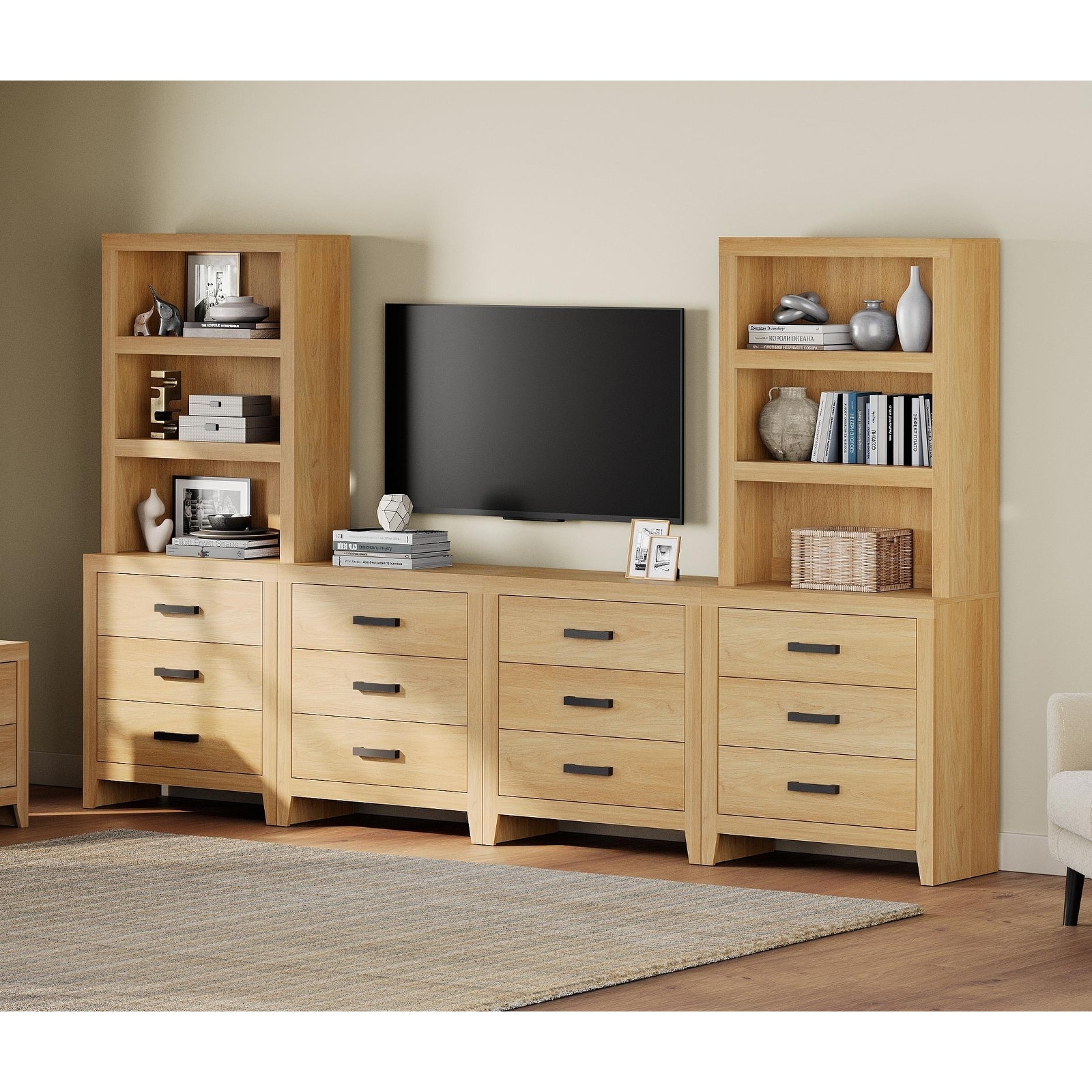 WAMPAT Farmhouse TV Stand for 75 inch TVs, Modular Media Console with Storage Drawers