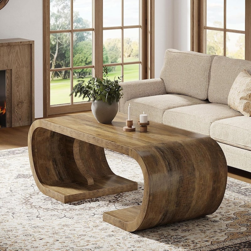 47 Inches Farmhouse Coffee Table with Curved Side for Living Room, Rustic Brown - Brown