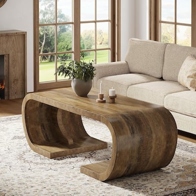 47 Inches Farmhouse Coffee Table with Curved Side for Living Room, Rustic Brown