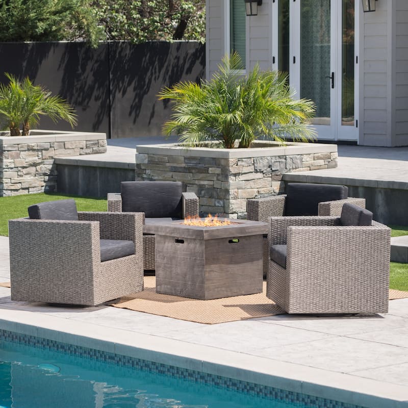 Puerta Outdoor 4-piece Wicker Swivel Chair Set with Square Firepit by Christopher Knight Home