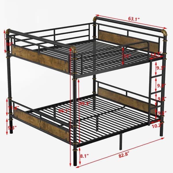 dimension image slide 0 of 3, Metal Bunk Bed with Safety Guardrail Ladder and 8.1" Under Bed Storage, Vintage Wood and Gold Painting Detachable Bunk Bed