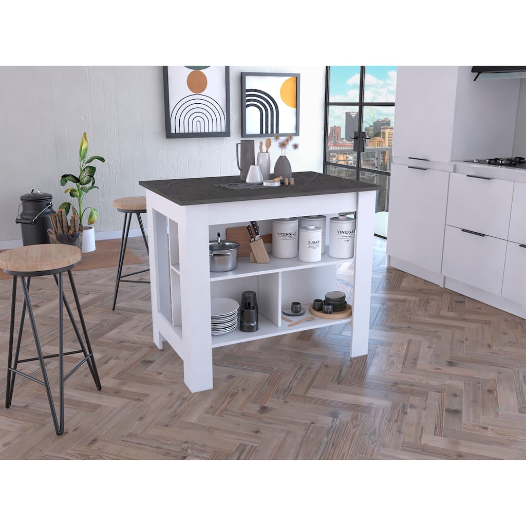 Cala Kitchen Island, Four Legs, Three Shelves -White / Onyx